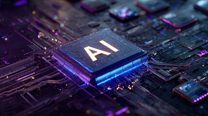 Artificial intelligence chip on circuit board with glowing blue light