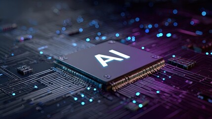 Close up of ai chip on circuit board with blue and purple bokeh lights