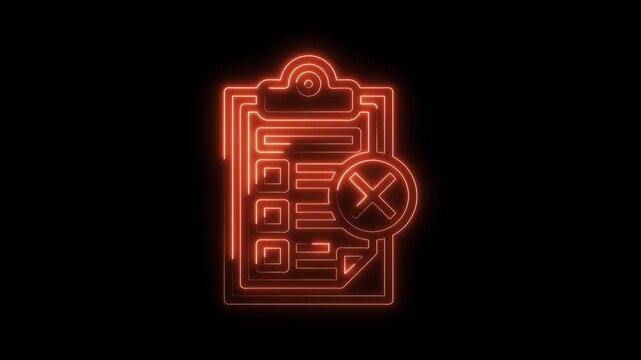 Red neon checklist with x mark animation on black background,error sign