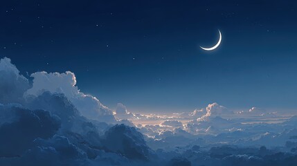 Crescent moon and stars in the night sky over clouds with light