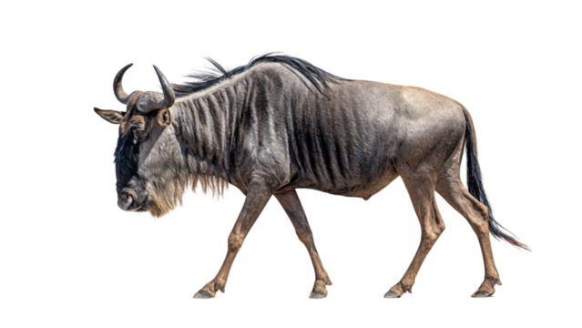 Majestic wildebeest stands proudly against a stark black background showcasing its unique features