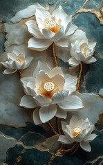 Stunning white lotus flowers with golden stems on a textured background