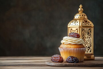 Cupcake with date and golden lantern on wooden board against dark background