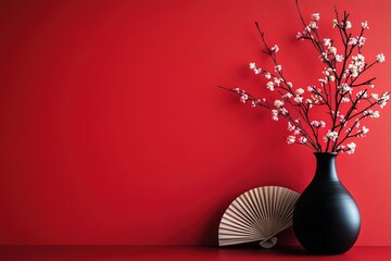Elegant plum blossom arrangement in a black vase against a red backdrop