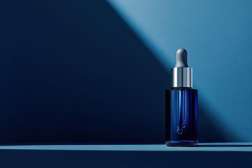 Blue glass bottle with dropper on the blue background in studio shot