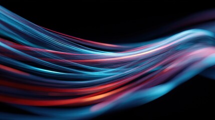 Abstract flowing lines of blue and red light on a black background