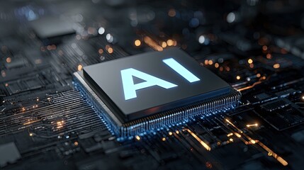 Artificial intelligence chip on circuit board with glowing ai text