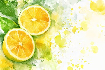 Watercolor painting of lemon slices with green leaves on white background