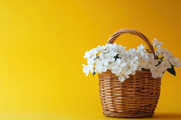 Basket with white flowers on a yellow background with copy space