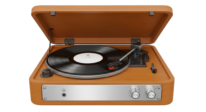 A realistic vintage record player with an open wooden case showcasing a vinyl disc on the turntable.