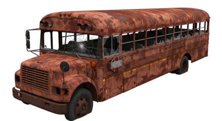 A dilapidated and heavily rusted school bus sits with shattered windows and a weathered exterior.