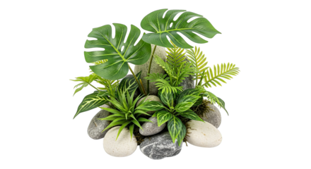 Lush green tropical foliage elegantly arranged among smooth river stones for a zen garden aesthetic.
