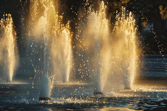 Golden sunlight illuminates dancing water jets in a beautiful outdoor fountain at dusk.