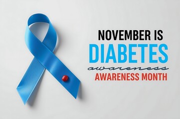 November is diabetes awareness month with a blue ribbon and red dot symbol on a clean white background