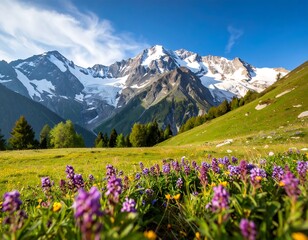Obraz premium Mountain meadow vibrant with wildflowers under a brilliant sky