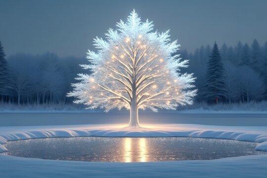 Glowing crystal tree standing in frozen lake, surreal fantasy winter concept of light, nature, and mystical balance in cold beauty