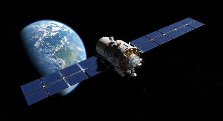 A detailed illustration of a modern satellite with solar panels orbiting planet Earth in outer space.