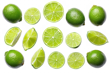 Green citrus fruits sliced and whole isolated on a transparent background