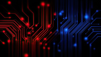 Abstract digital design featuring red and blue circuit board pathways on black background