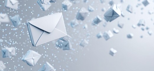 A serene, gradient background hosts floating geometric mail shapes and sparkling particles
