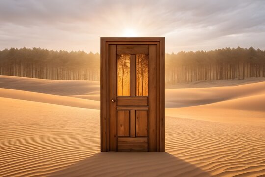 Rustic wooden door portal in vast desert leading to glowing green forest, fantasy escape concept blending nature and mystery worlds