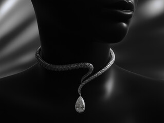 Luxurious diamond snake necklace on a black mannequin in dramatic lighting.