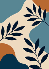 minimalist illustration with colorful organic shapes and plants. orange, blue, and beige. abstract art for decoration and background.