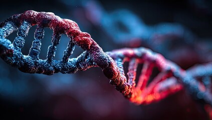 Close-up image of a DNA double helix structure, with vibrant red and blue hues, biological detail