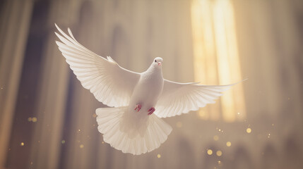 White dove gracefully flying inside a sunlit cathedral.