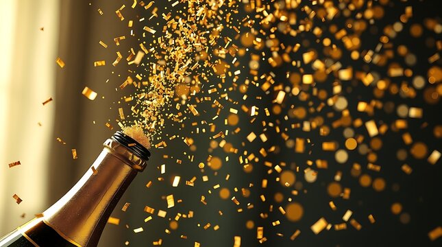 Champagne bottle exploding with golden confetti, celebration and festive atmosphere.