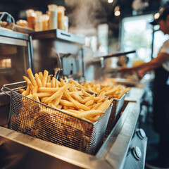 Golden French fries fresh out of the fryer in a busy commercial kitchen.
