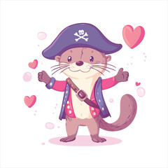 Cute otter dressed as pirate, playful and adorable.  Surrounded by hearts and bubbles