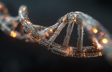 Futuristic glowing DNA double helix made of electronic circuits on a dark background.