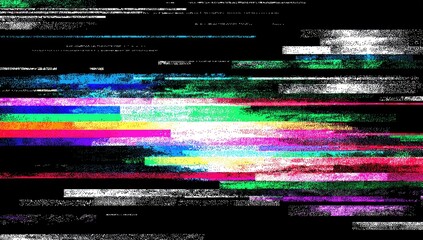 Abstract digital art with glitch effects showing horizontal lines and color distortions against black