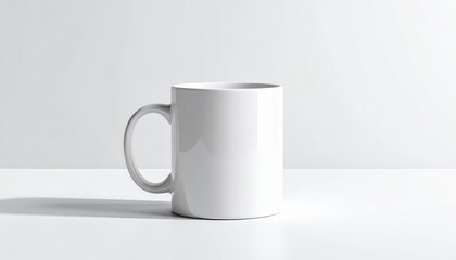 Fototapeta premium A white ceramic mug sits on a white surface against a white background, casting a soft shadow.