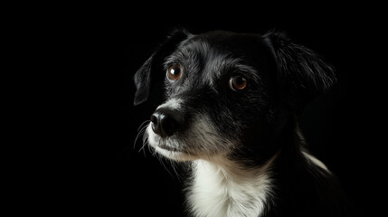 Studio portrait of a black and white dog against a dark background.