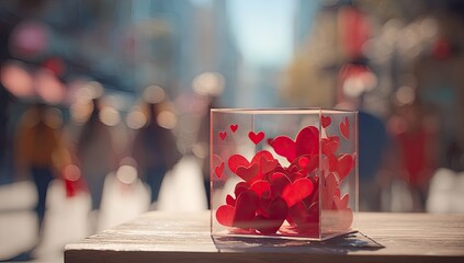A clear box overflows with red paper hearts, with blurred urban figures in background