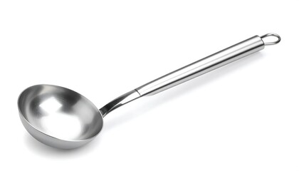 Stainless steel ladle against white background