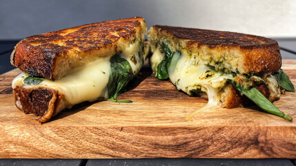 Crispy grilled cheese sandwich with melted cheese and spinach on a wooden board.
