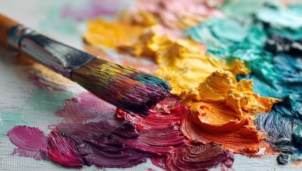 Close-up of a paint brush resting on a palette with colorful, textured oil paint swirls