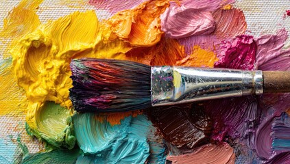 Close-up of a paintbrush atop colorful paint globs on canvas. Textures, bright hues, and artistic detail