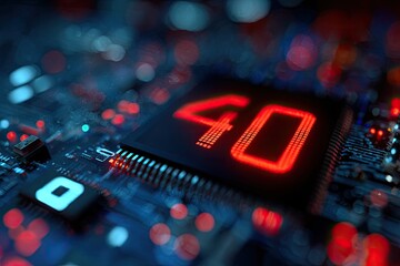 Macro view of electronic circuit board. Glowing "40" on the processor. Focus on tech components