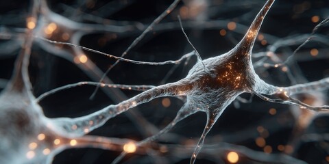 Close-up of intricate neural structures with glowing dots, representing brain activity