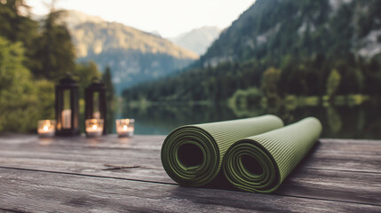 Two rolled-up green yoga mats on a wooden deck overlooking a tranquil lake and mountains with candles nearby.