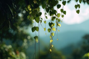 Sunlight bathes delicate, hanging vines and heart-shaped leaves against a blurred mountain backdrop