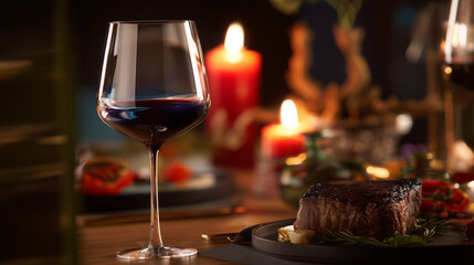 Elegant dinner setting with a glass of red wine and a grilled steak by candlelight.