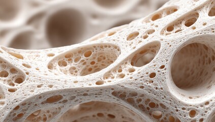 A close-up of an abstract, porous, beige structure with many varied sized holes