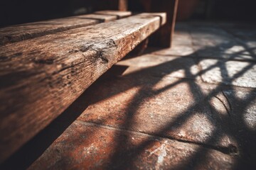 A weathered, wooden bench casts a patterned shadow on textured flooring