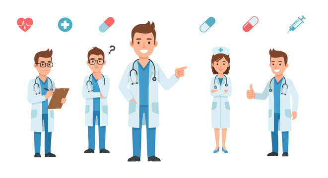 Diverse group of cartoon medical professionals in white coats and scrubs.
