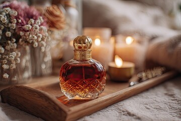 Luxurious fragrance bottle on a wooden tray surrounded by flowers and glowing candles
